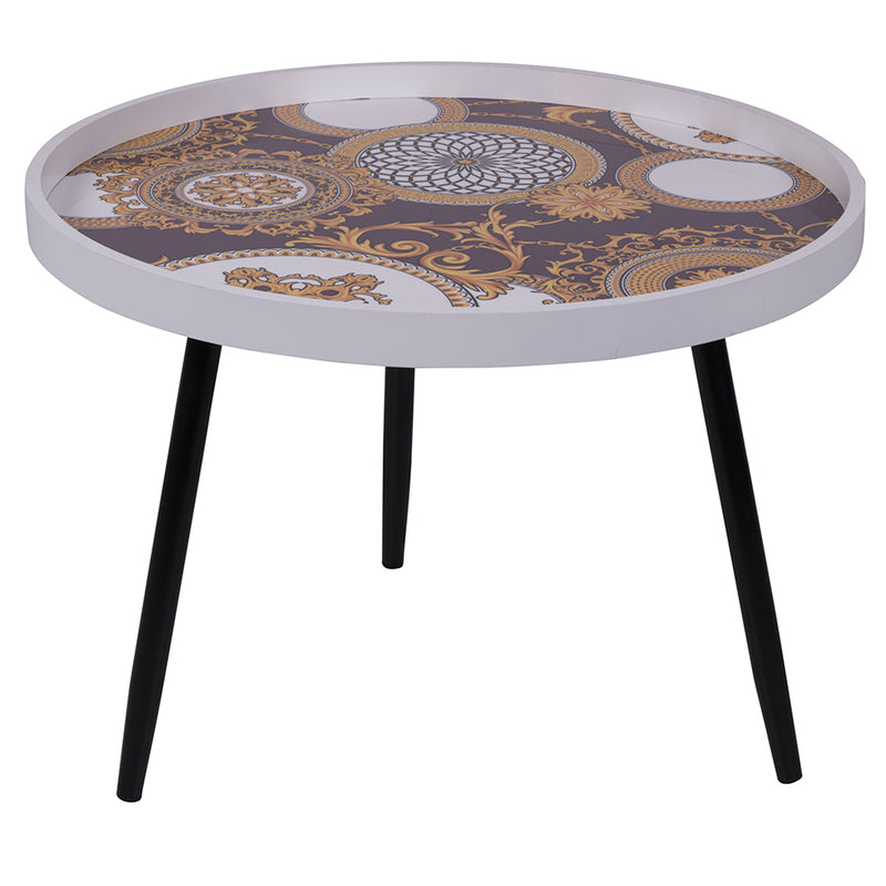 Tavolino tondo da salotto 60xh45 cm in mdf e ferro top laccato decoro barocco Sibilla