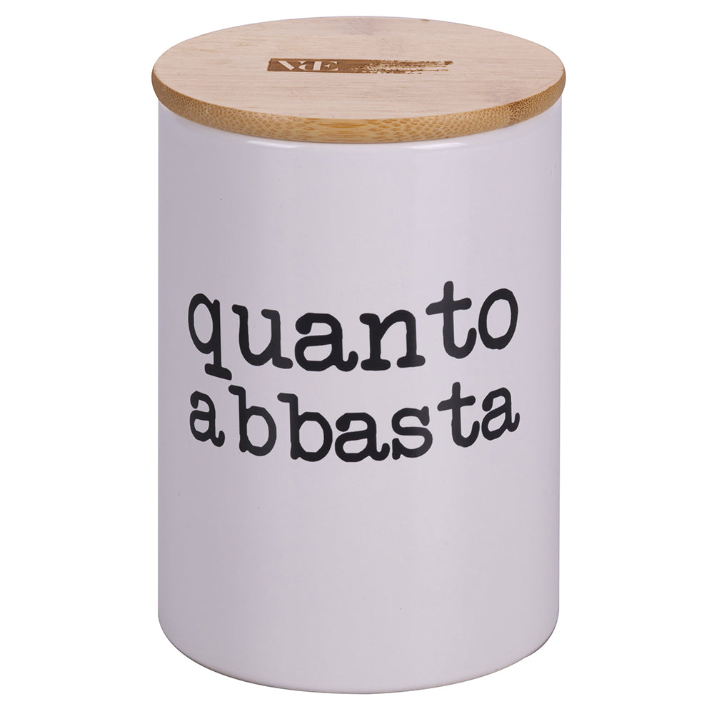 barattolo per sale in ceramica bianca con coperchio bamboo 850 ml decorato con scritta romanesca dimensioni 10x15 cm