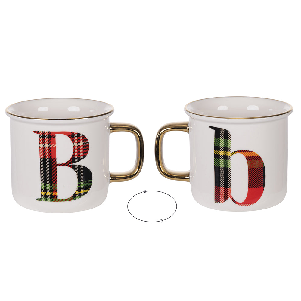 tazza monogramma b motivo tartan in new bone china con manico 300 ml ideale per regalo natalizio e colazioni festive