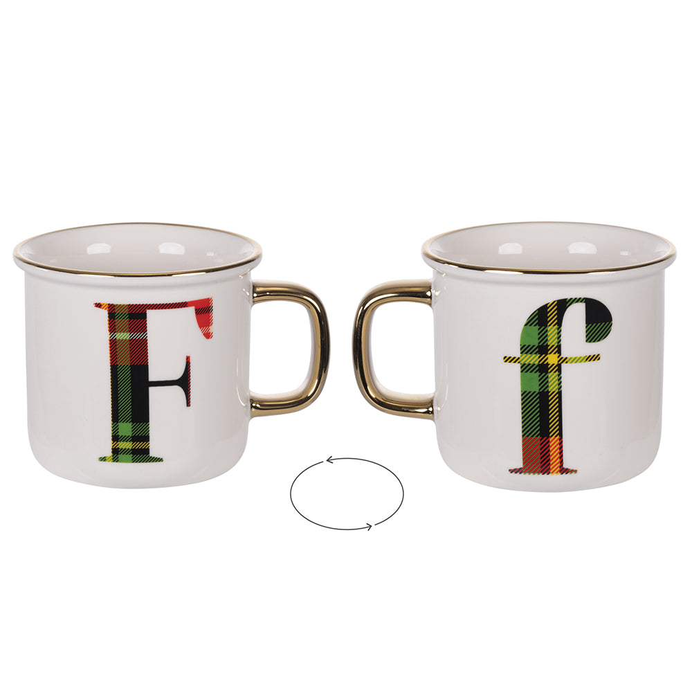 tazza monogram lettera f 300 ml elegante in new bone china con decoro tartan natalizio idea regalo personalizzabile