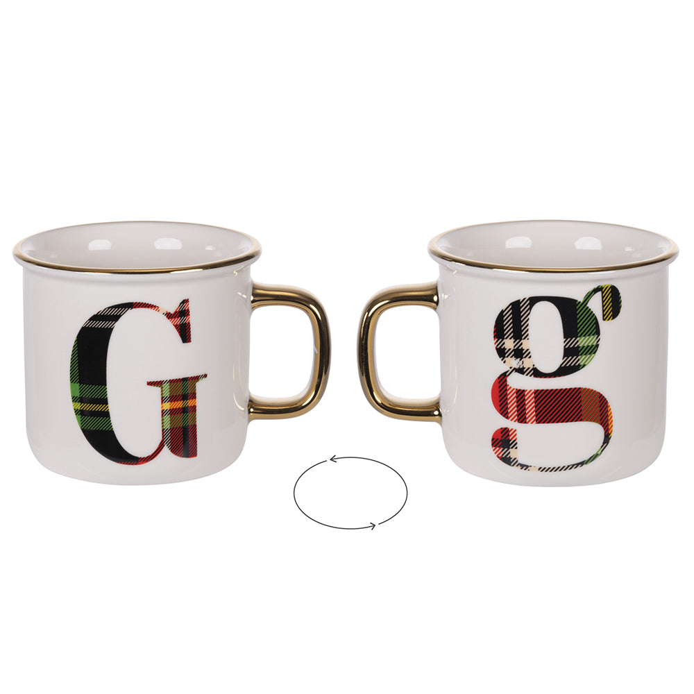 Tazza 300 ml in new bone China con decoro lettera G motivo tartan natalizio ideale per bevande calde linea Monogram