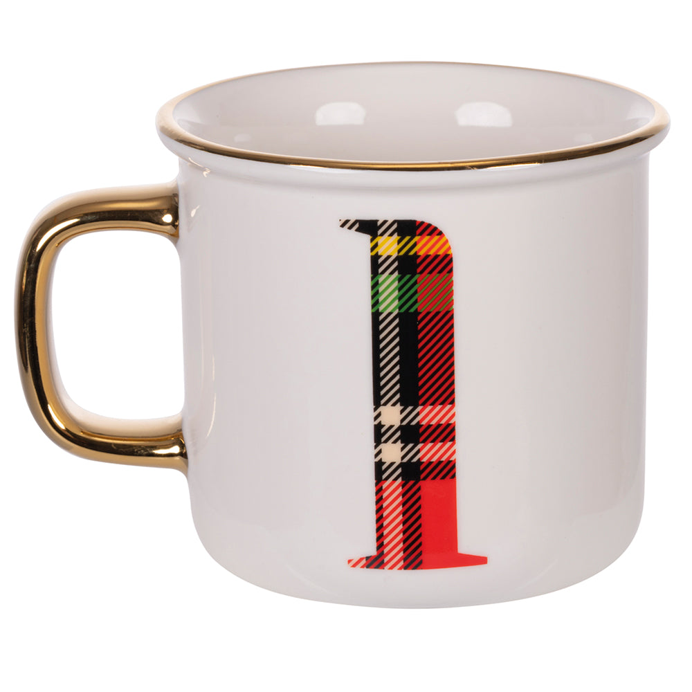 tazza da 300 ml in ceramica china con motivo tartan monogram lettera L ideale per natale e personalizzazioni