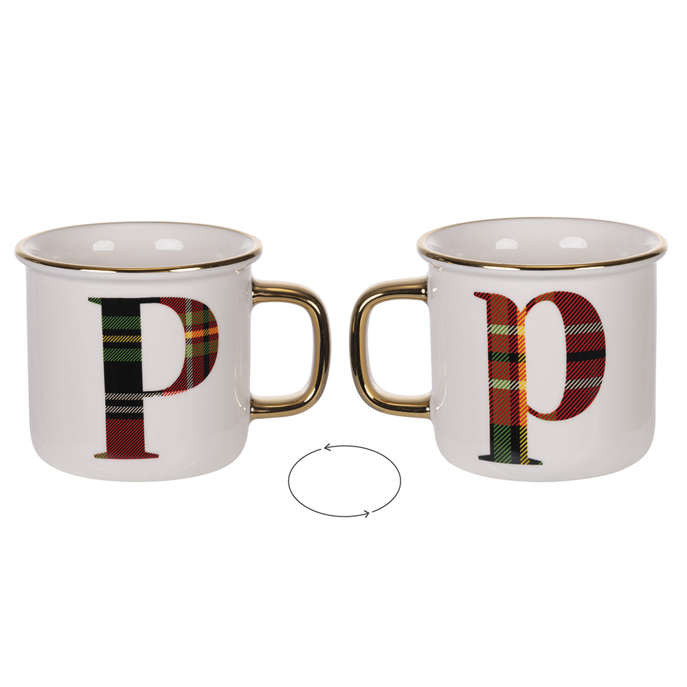 tazza monogramma p 300 ml motivo tartan natalizio new bone china bicchiere con manico personalizzato alfabeto