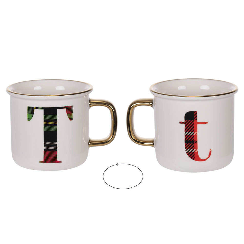 Tazza monogram lettera T in ceramica new bone China stile tartan 300 ml per idee regalo natalizie personalizzate