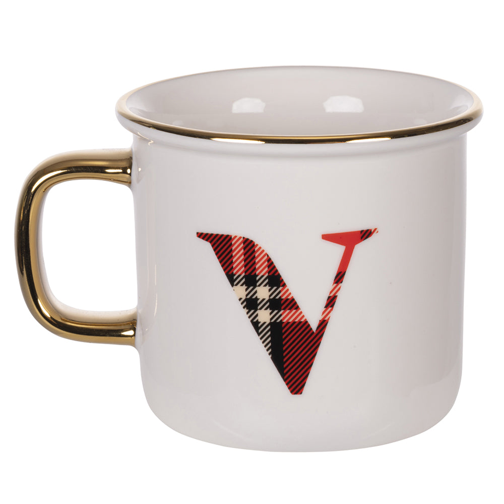 tazza in new bone china 300 ml design tartan natalizio con iniziale lettera v personalizzata ideale per regalo e collezione