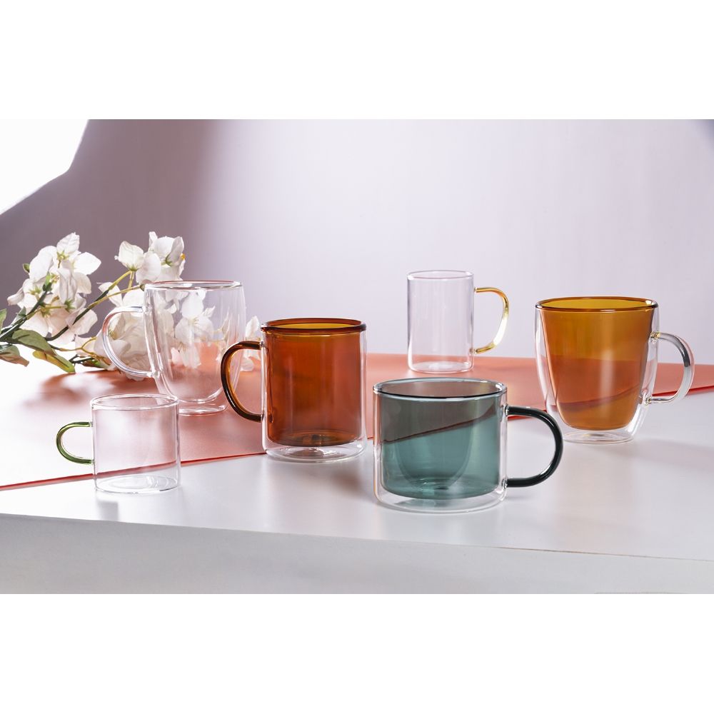 mug 260 ml in vetro borosilicato doppia parete termica manico acquamarina mantiene temperatura bevande calde e fredde