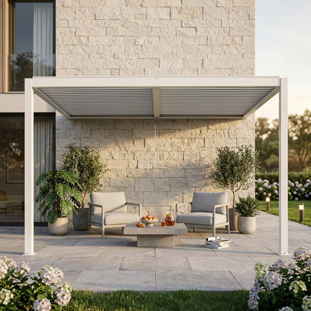 Pergola bioclimatica 3x2.5 mt. addossata in alluminio con lamelle frangisole orientabili