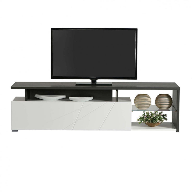 Mobile porta TV elegante da salotto soggiorno in legno con sportello bianco a ribalta e mensola in vetro Living TV