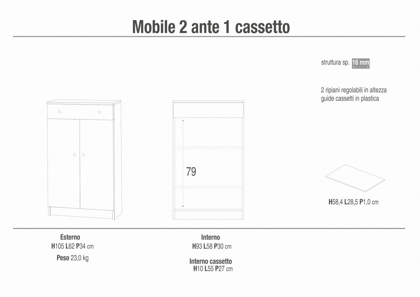 Mobiletto credenza da ingresso 2 ante 1 cassetto in legno nobilitato olmo chiaro