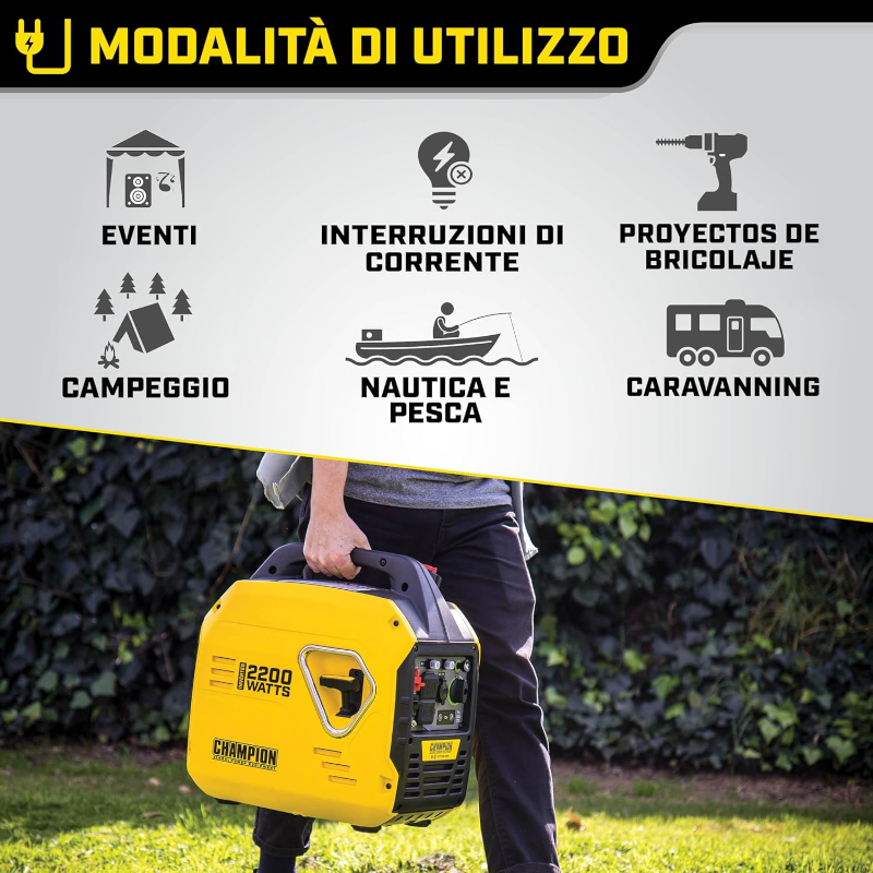 Generatore inverter gruppo elettrogeno a scoppio 2200W portatile compatto a valigetta per campeggio o mercatini autonomia 10h CHAMPION
