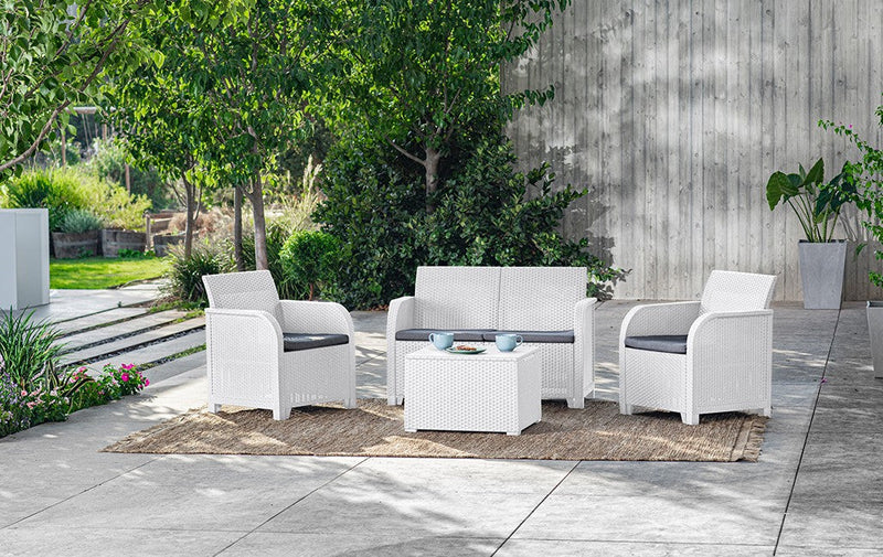 Salotto Set da giardino esterno con divano poltrone e tavolino rattan Keter Rosalie bianco