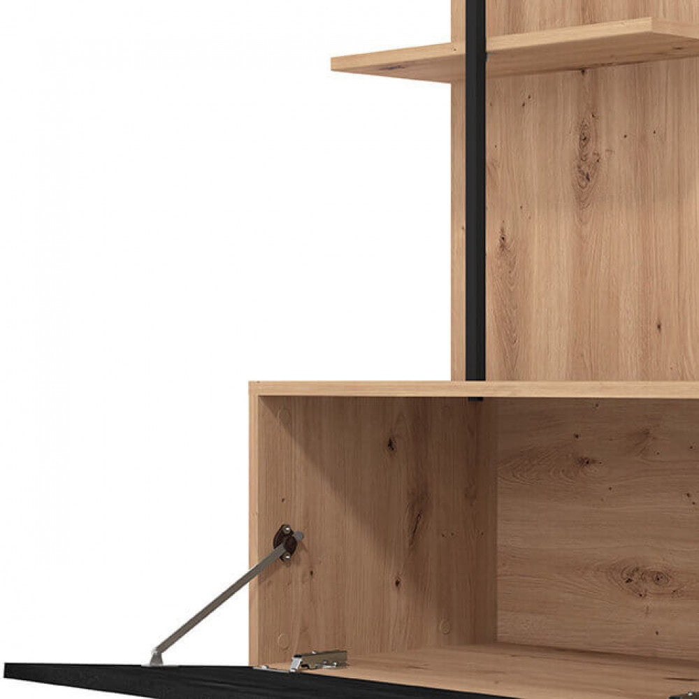 Parete attrezzata porta TV da soggiorno con 10 ripiani 1 anta grande a ribalta e mensola sospesa Paul