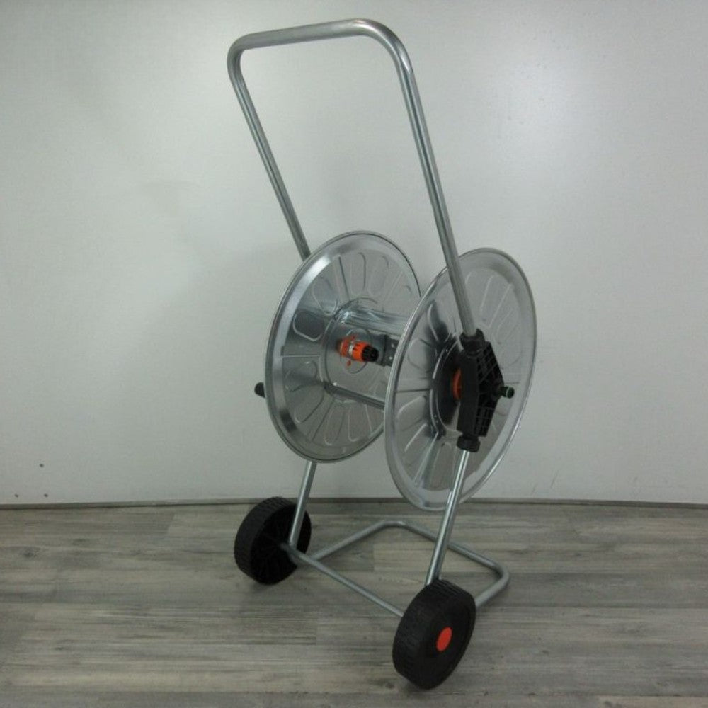 Carrello avvolgitubo da giardino con telaio e rullo in acciaio per tubi fino a 110 mt