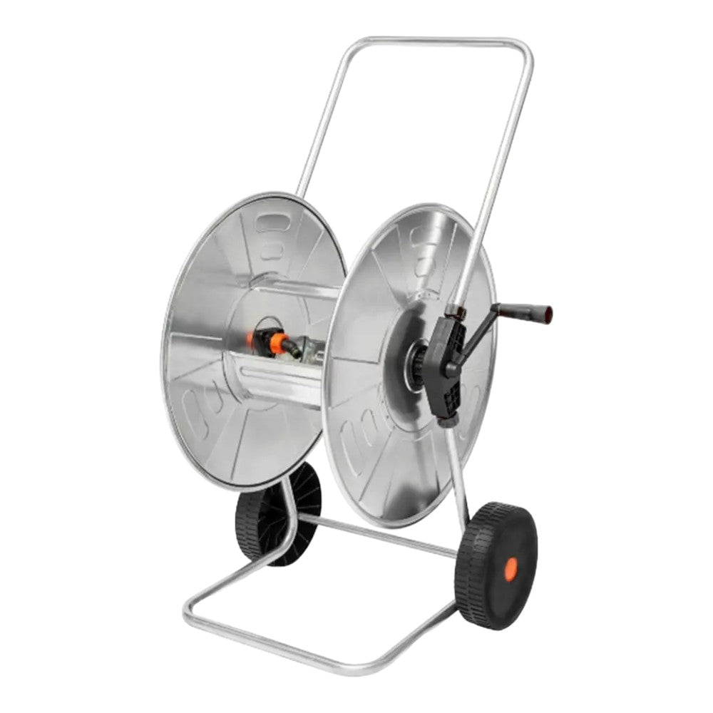 Carrello avvolgitubo da giardino con telaio e rullo in acciaio per tubi fino a 110 mt