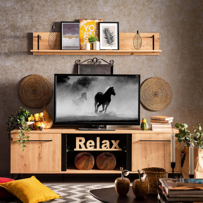 Mobile porta TV da soggiorno in legno e metallo con 2 ripiani e 2 ante