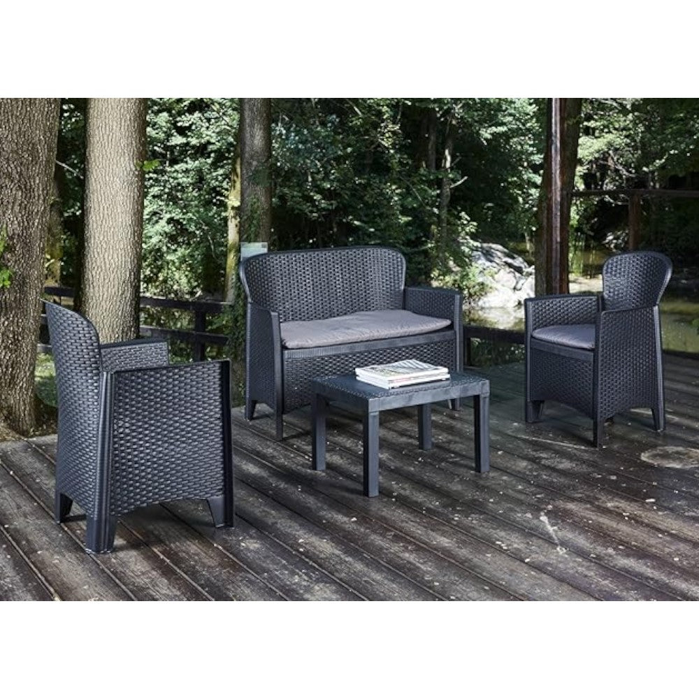 Salotto da giardino per esterno in resina effetto rattan con due poltrone un divano a due posti  e un tavolino