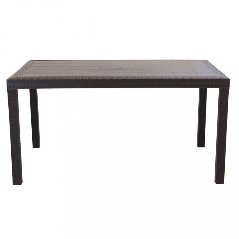 Tavolo rettangolare 150x90 cm in wicker stampato con gambe regolabili e foro centrale per ombrellone Nasa