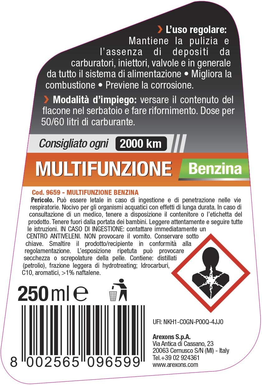 Additivo multifunzione per motori benzina migliora combustione riduce consumo carburante emissioni 250 ml