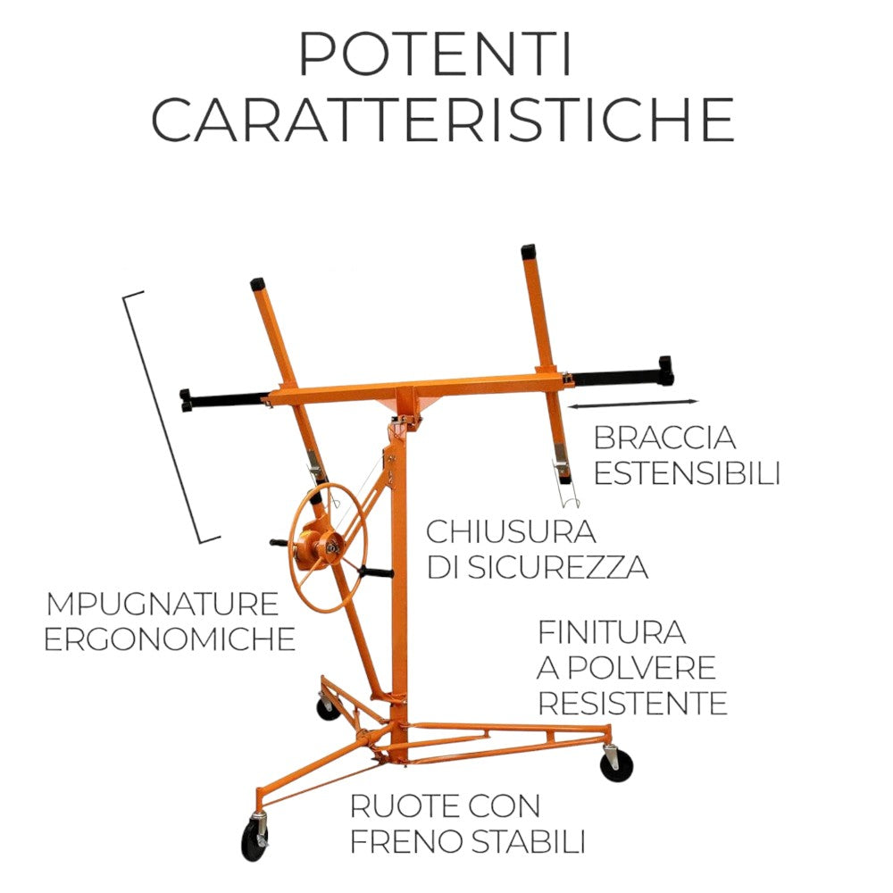 Alzalastre per lastre in cartongesso stand telescopico in acciaio su carrello a 3 ruote  con altezza ed apertura regolabile