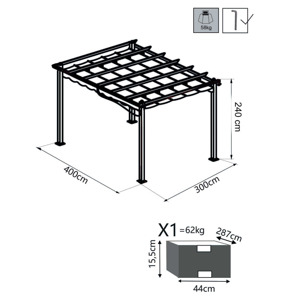 Gazebo pergola da esterno 3x3 mt in alluminio con telo apribile a carrucola