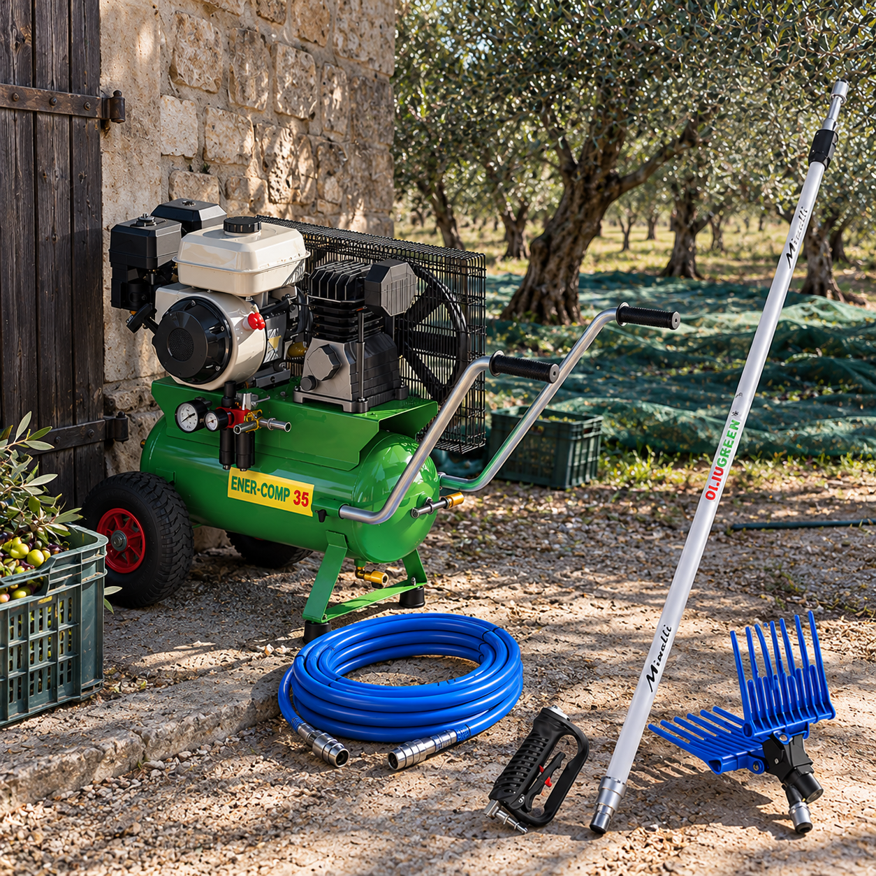 Kit raccolta olive con motocompressore a benzina 4,8 hp e abbacchiatore pneumatico con asta telescopica in alluminio Enercomp