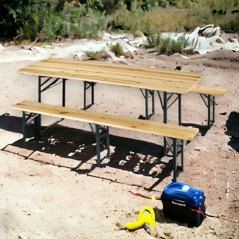 Set birreria tavolo con panche a 3 gambe in acciaio e legno per feste e campeggio 220x70xh77 cm