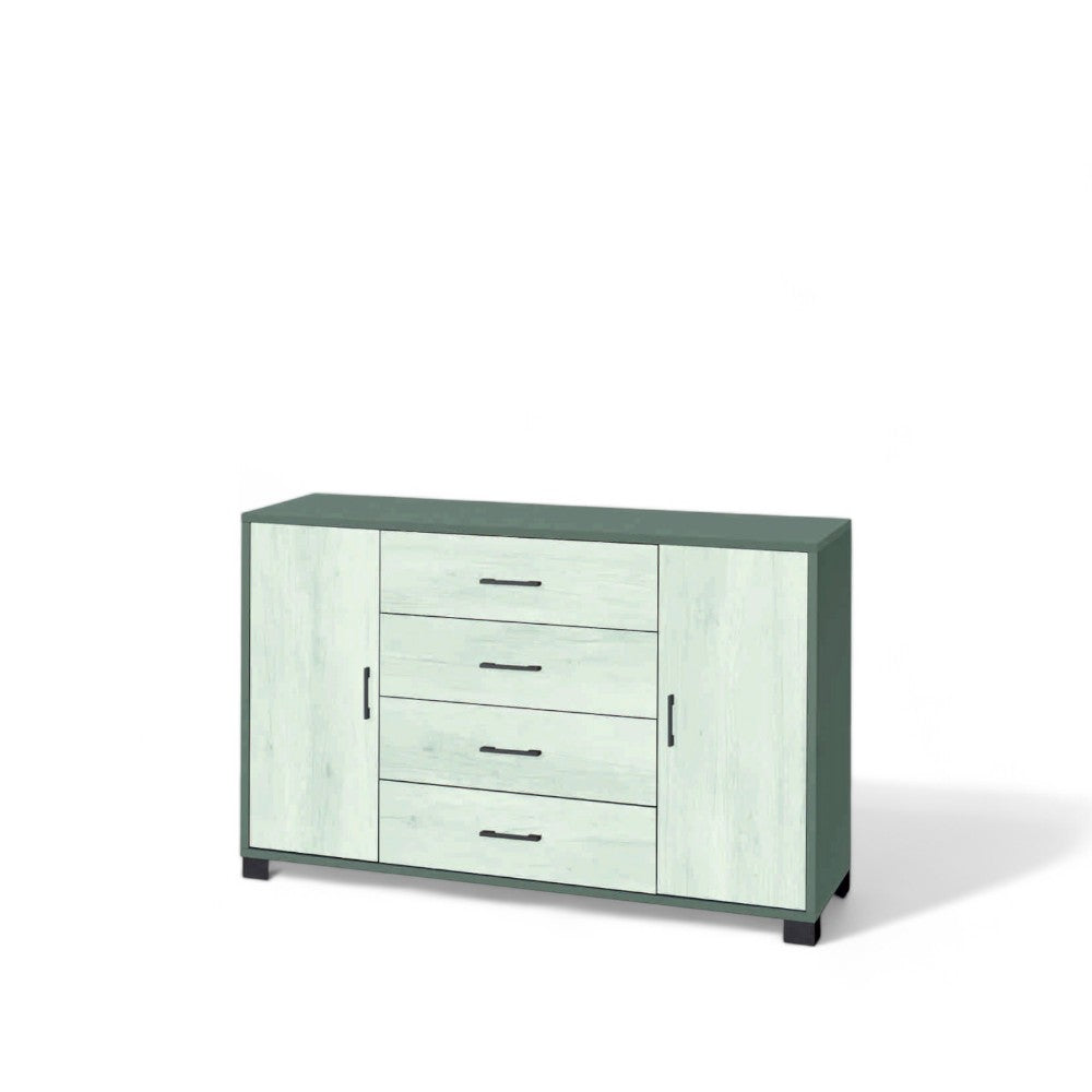 Mobile soggiorno moderno 2 ante 4 cassetti colore bianco titanio quercia MDF dimensioni 136x41x86 cm struttura solida