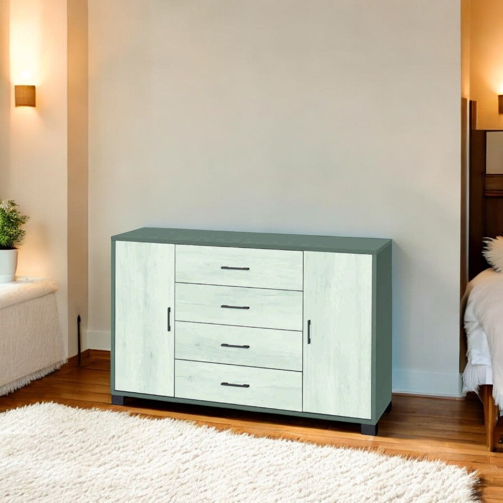 Mobile soggiorno moderno 2 ante 4 cassetti colore bianco titanio quercia MDF dimensioni 136x41x86 cm struttura solida