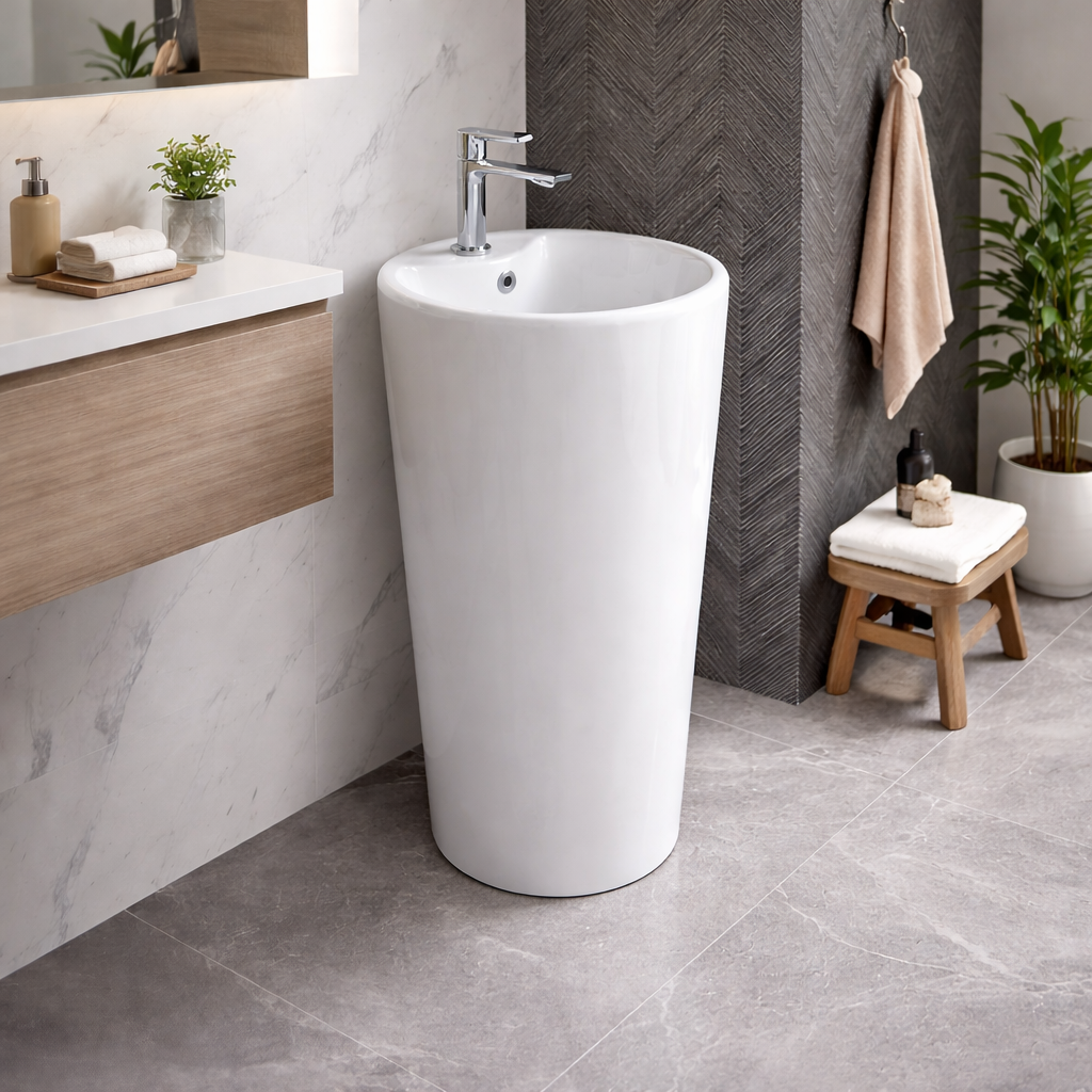 Lavabo lavandino tondo in ceramica bianca lucida 40xH83 cm