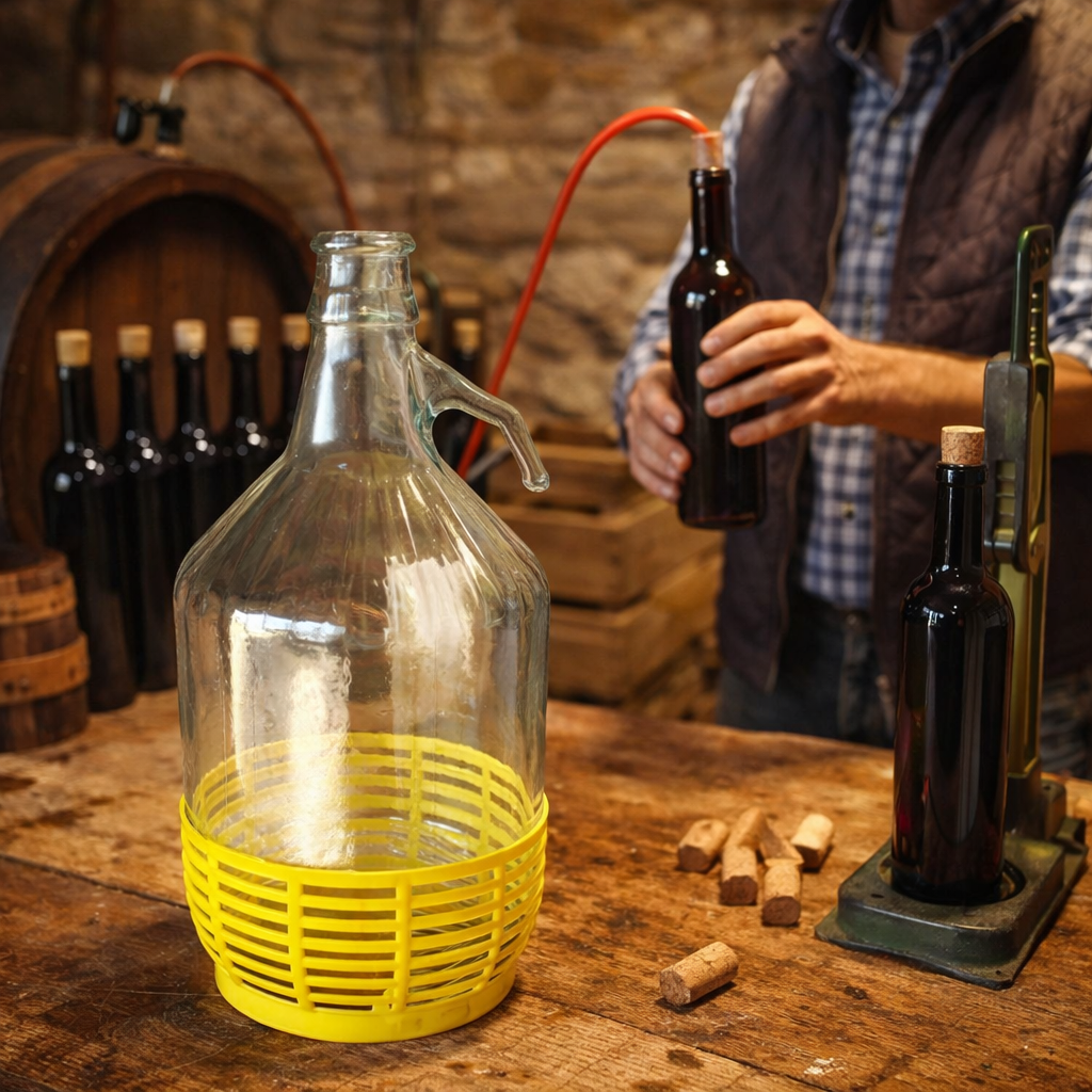 Damigiana in vetro 5 litri per olio e vino con cestino giallo in plastica predisposta per tappi a pressione