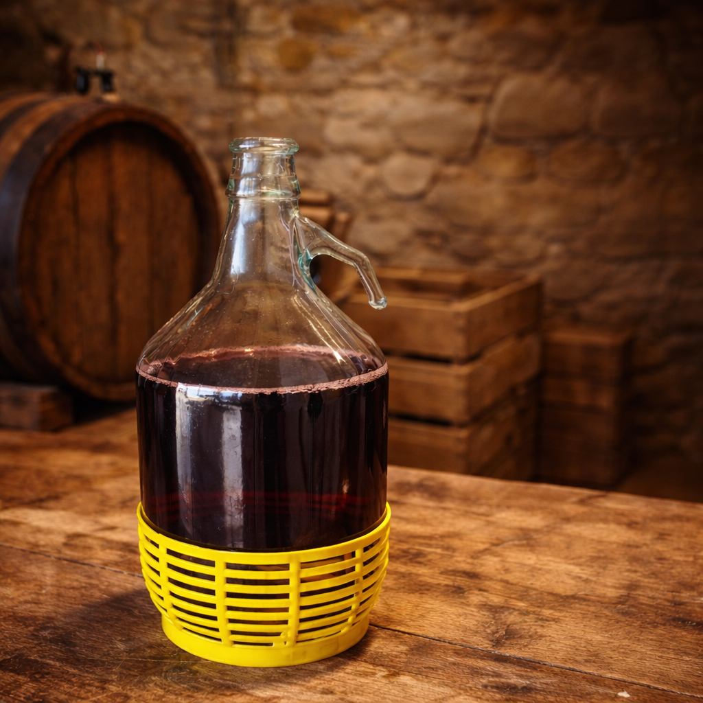 Damigiana in vetro 5 litri per olio e vino con cestino giallo in plastica predisposta per tappi a pressione