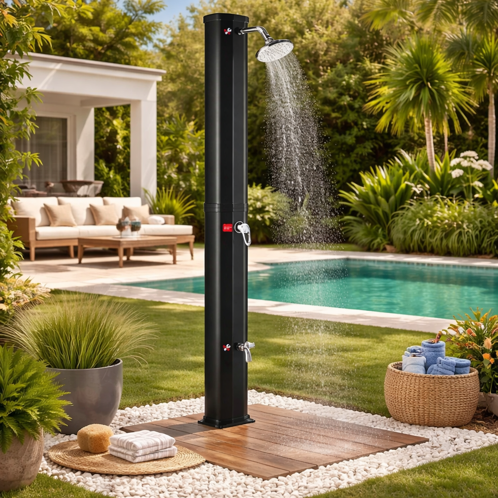 Doccia solare 35 lt da giardino in PVC con soffione e rubinetto lavapiedi