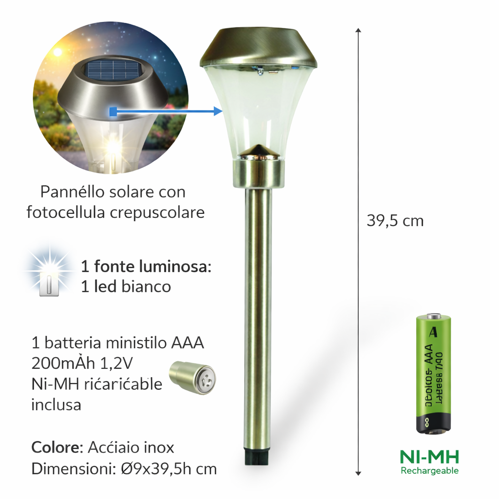 Lampada led luce fredda bianca segnapassi solare da giardino con fotocellula crepuscolare h40 cm Pollicina