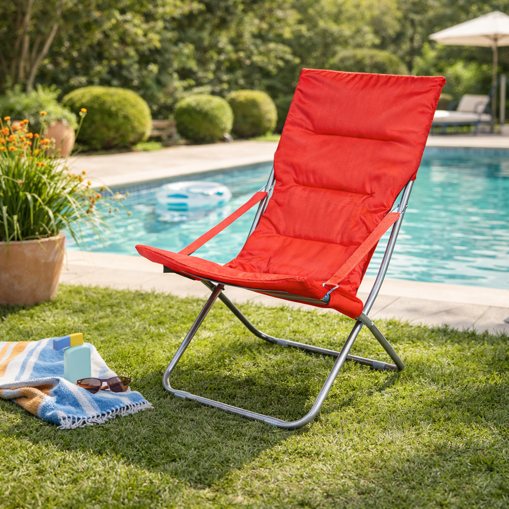 Sdraio spiaggina canapone prendisole rossa in pvc e acciaio pieghevole 65x80xH38/96 cm