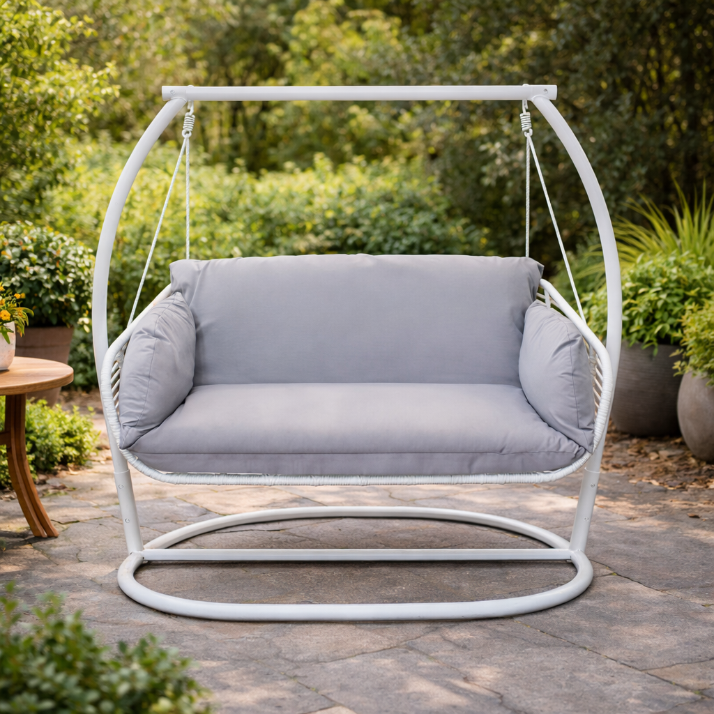 Dondolo due posti con struttura in metallo e cuscino imbottito grigio 150x160x105 cm Glasgow