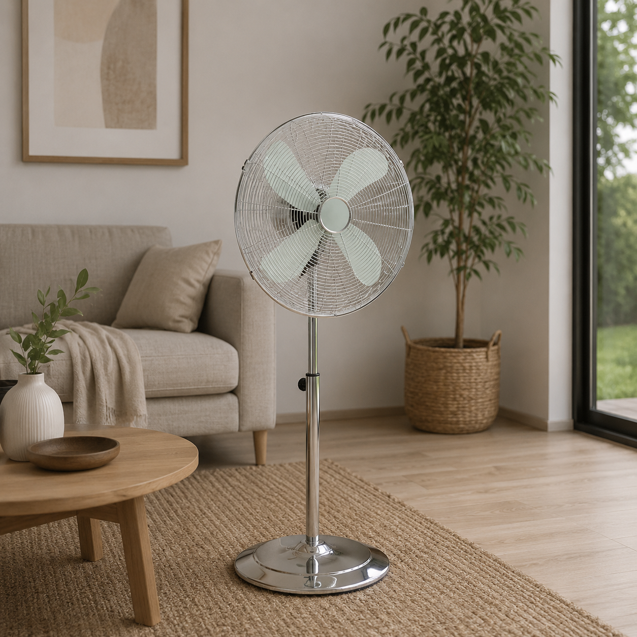 Ventilatore a piantana in acciaio cromato con 4 pale a 3 velocità con diametro 40xH140 cm