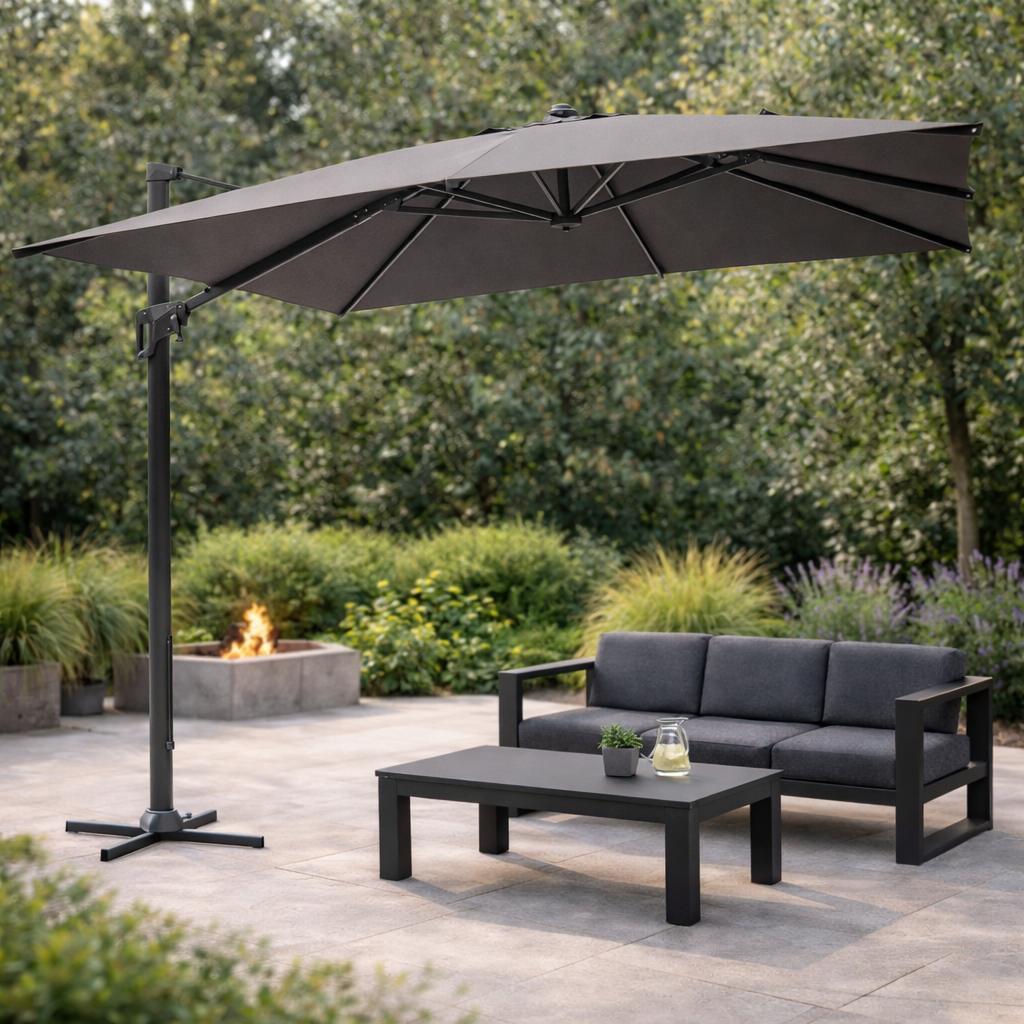 Ombrellone a braccio da giardino quadrato 4x4 nero con telo grigio Skyline