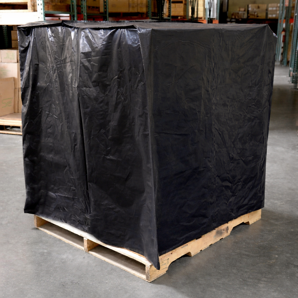 Sacco nero cover cappuccio copri pallet impermeabile e termoretraibile 120x52x220 cm