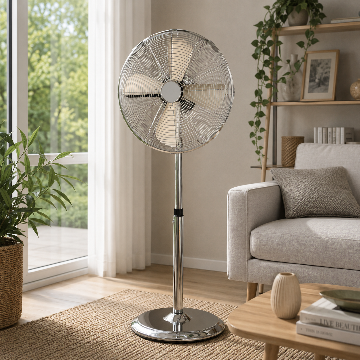 Ventilatore a piantana 40W completamente in metallo con 4 pale e altezza regolabile