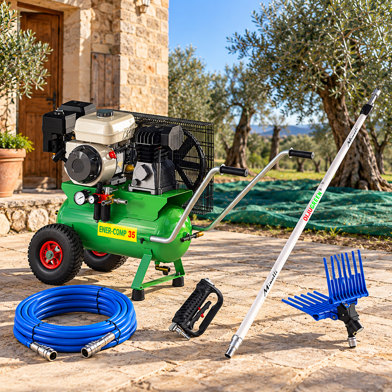 Kit raccolta olive con motocompressore a benzina 4,8 hp e abbacchiatore pneumatico con asta telescopica in alluminio Enercomp