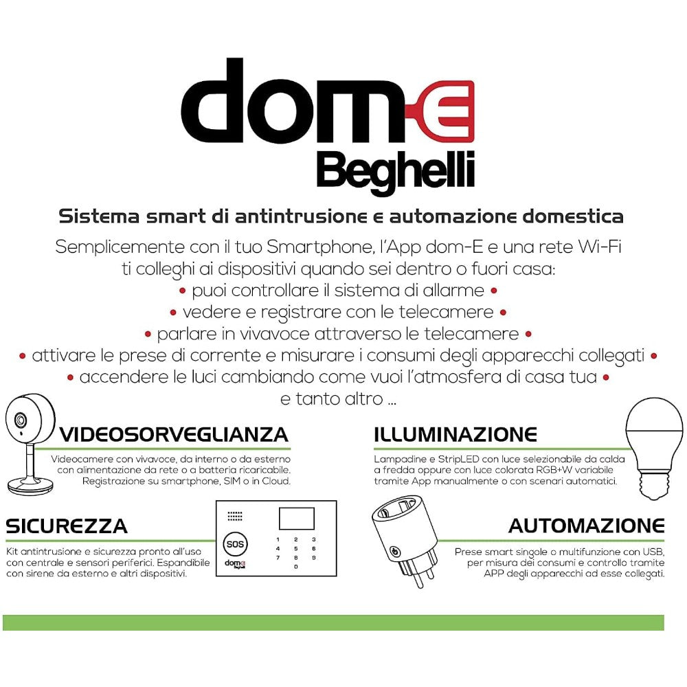 Kit di allarme domotico wireless pronto all'uso con centrale di controllo, sensori e telecomandi BEGHELLI DOM-E