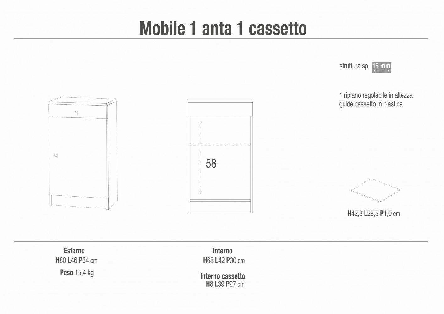 Mobiletto da Ingresso Portaoggetti 1 Anta e 1 Cassetto Bianco in MDF Dimensioni 46x34x80 cm