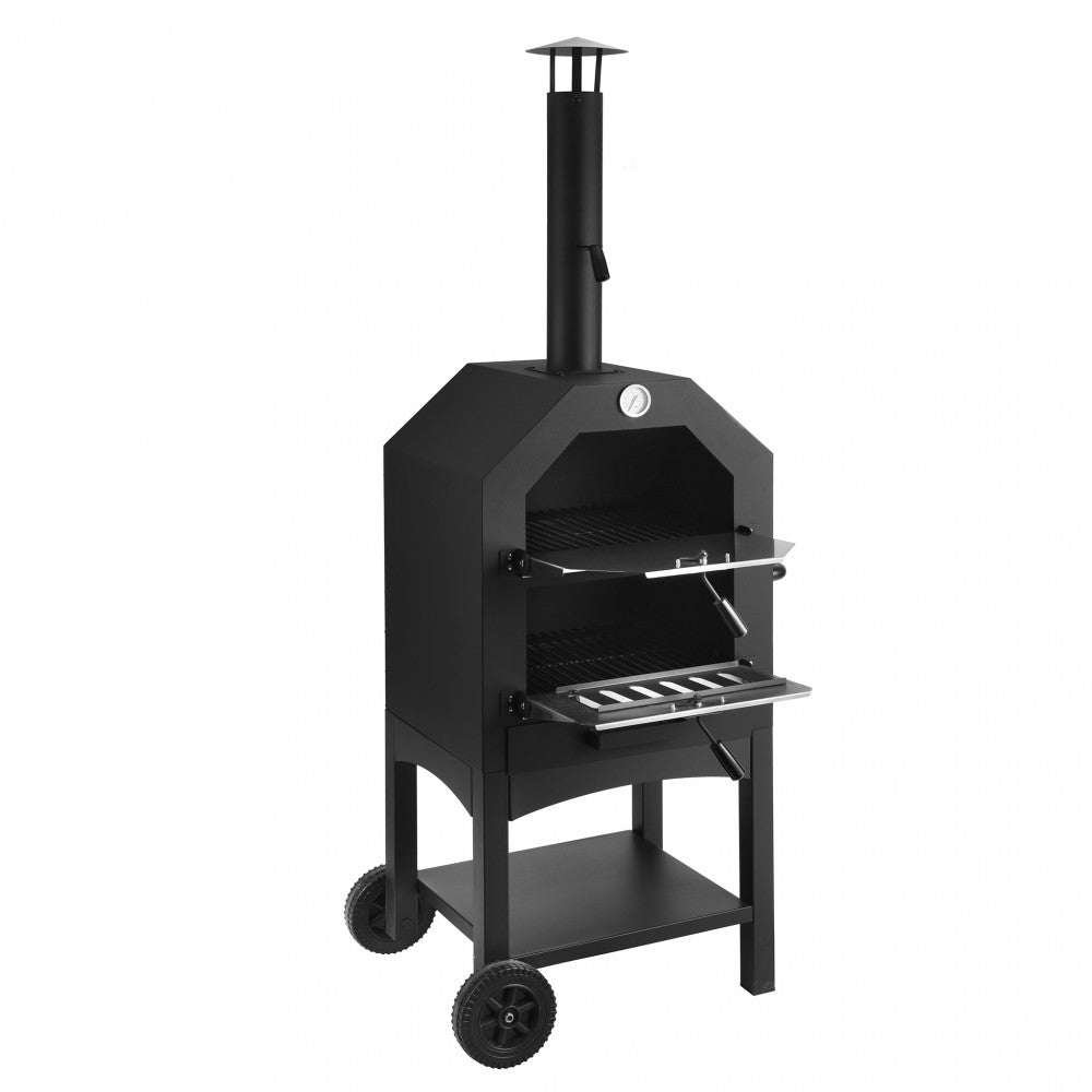 Forno a legna rettangolare in metallo grigio e nero per pizza italy