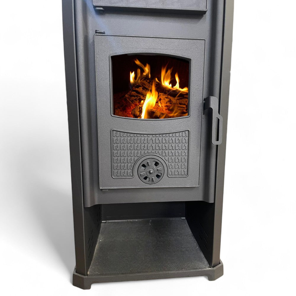 Stufa riscaldamento a legna con forno struttura in acciaio 11.3 kw rivestimento ghisa e maioliche