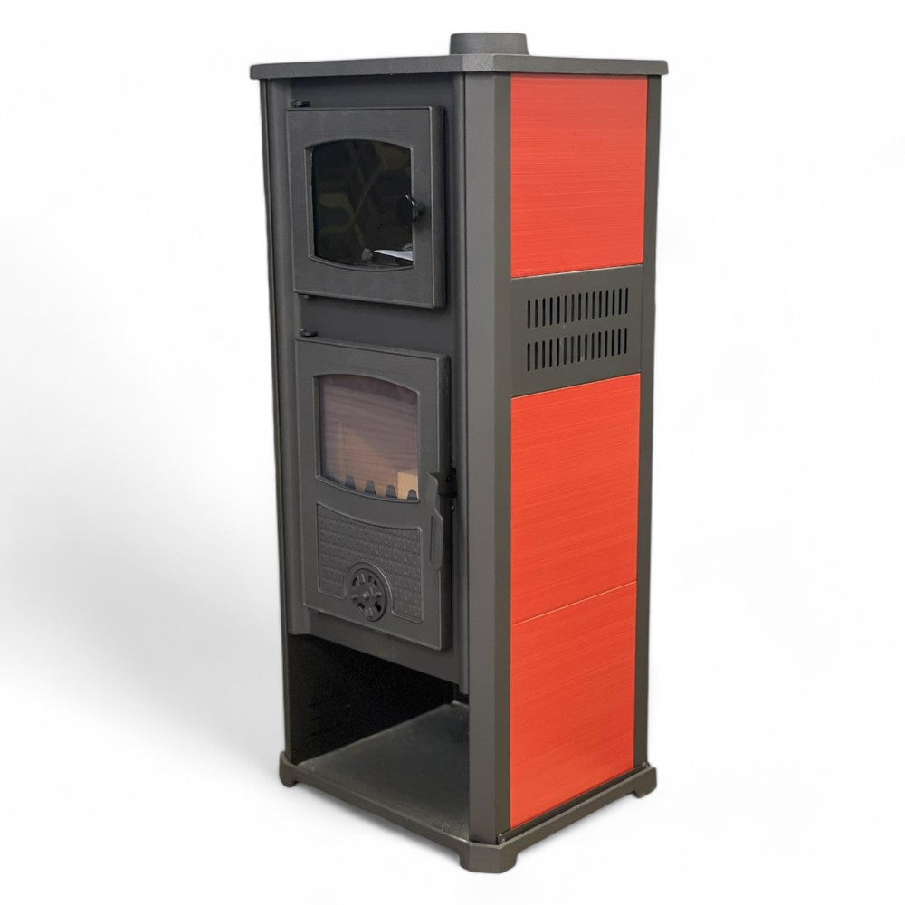 Stufa riscaldamento a legna con forno struttura in acciaio 11.3 kw rivestimento ghisa e maioliche Kalorosa