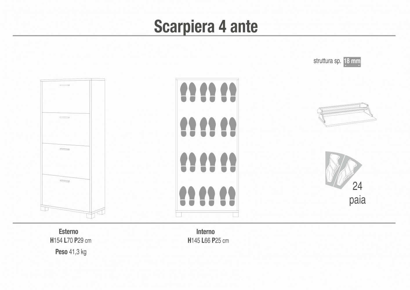 Scarpiera 4 ante in legno bianco fiammato e noce 70x29x154 cm slim