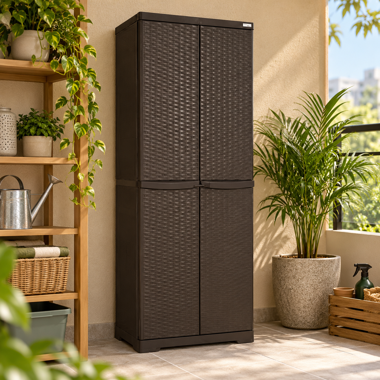 Armadio tuttopiani in resina marrone effetto rattan con ante per lucchetto e 4 piani regolabili Wenge