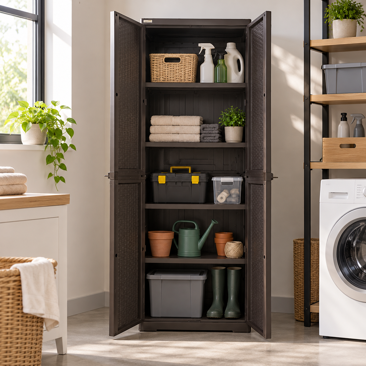Armadio tuttopiani in resina marrone effetto rattan con ante per lucchetto e 4 piani regolabili Wenge