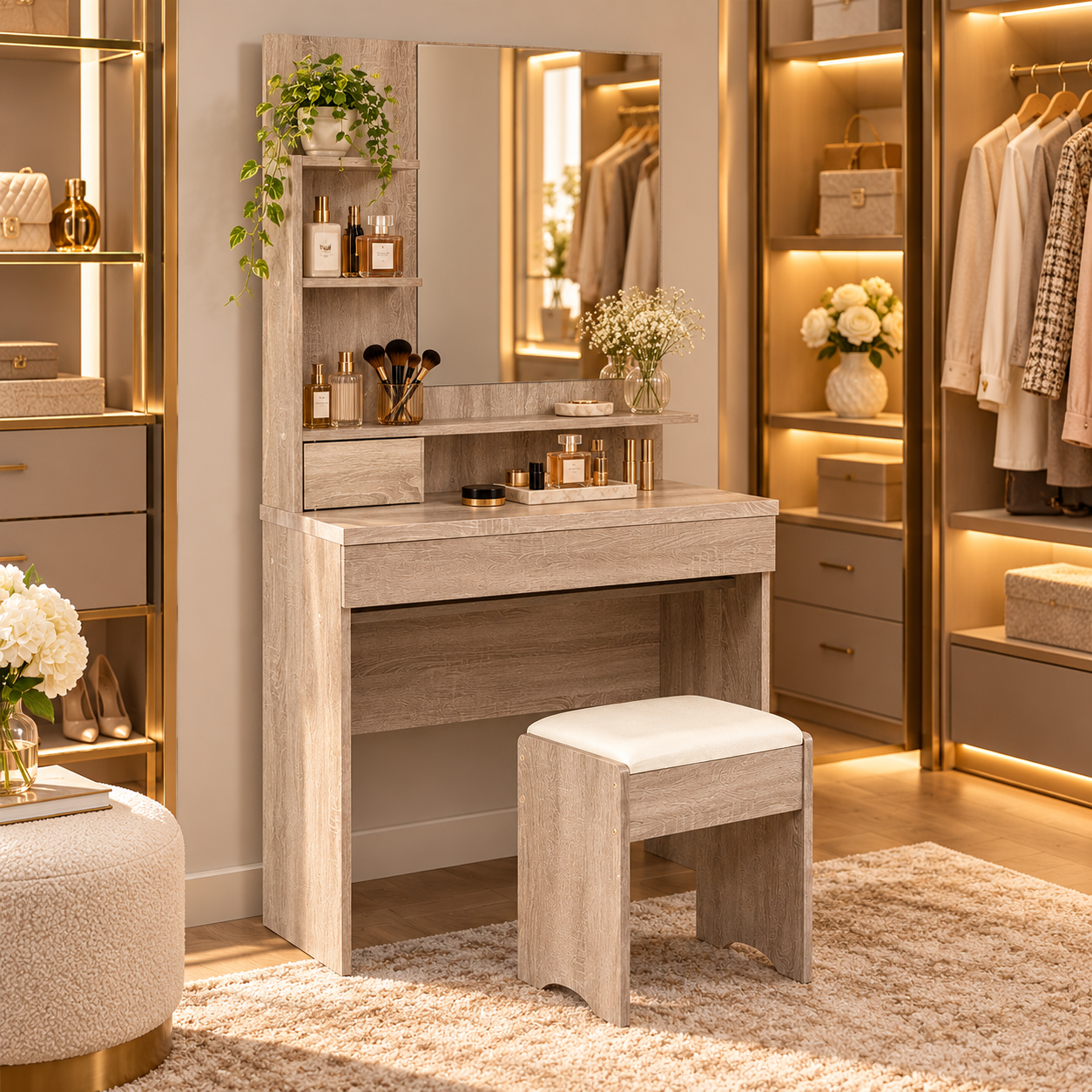 Toeletta specchiera scrivania in legno MDF con sgabello imbottito per organizzazione cosmetici