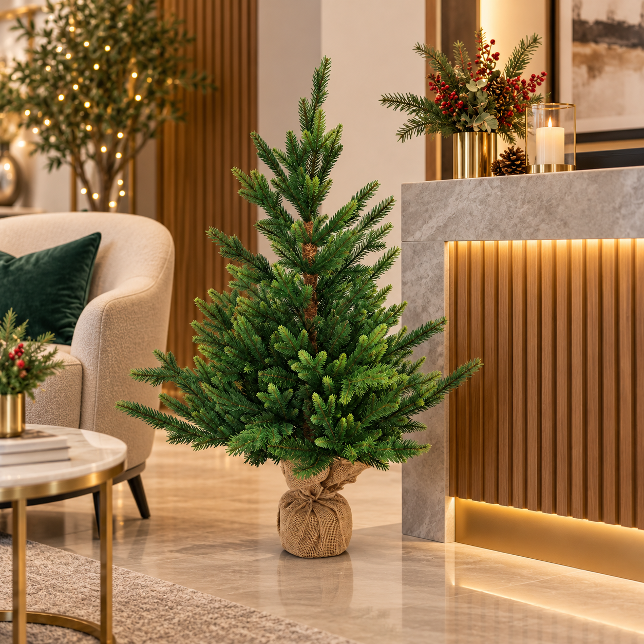 Albero di Natale piccolo mini pino realistico h90 cm con base ricoperta in juta